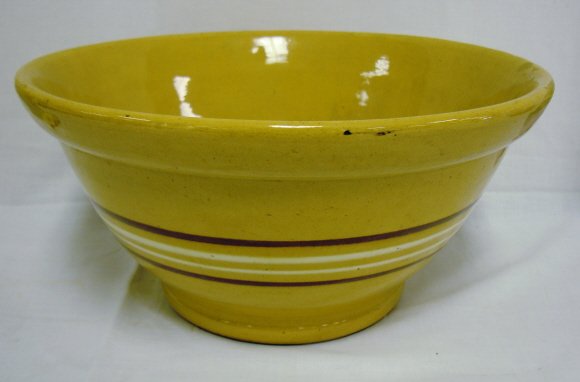LARGE YELLOWARE MIXING BOWL W/BROWN & WHITE BANDS