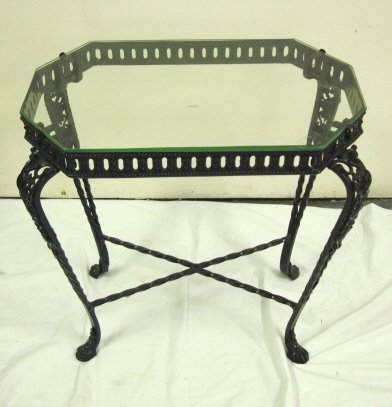 FANCY IRON TABLE W/GLASS TOP; 21 1/2 IN X 13 IN,