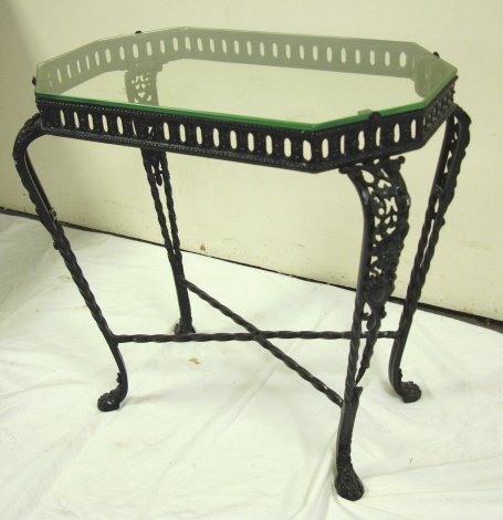 FANCY IRON TABLE W/GLASS TOP; 21 1/2 IN X 13 IN, - 2