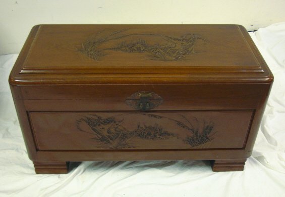 CARVED ORIENTAL LIFT TOP CHEST; SAILING SHIPS; CA