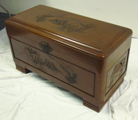 CARVED ORIENTAL LIFT TOP CHEST; SAILING SHIPS; CA - 2
