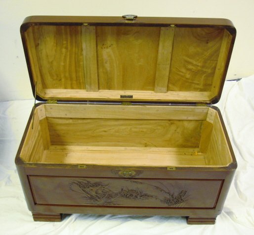 CARVED ORIENTAL LIFT TOP CHEST; SAILING SHIPS; CA - 3