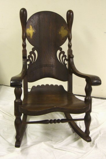 LARGE CARVED OAK ARM ROCKER W/BRASS TRIM; 45 IN H - 2