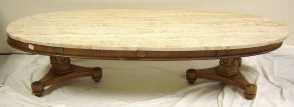 MARBLE TOP OVAL COFFEE TABLE; 68 IN X 26 IN, 15 1