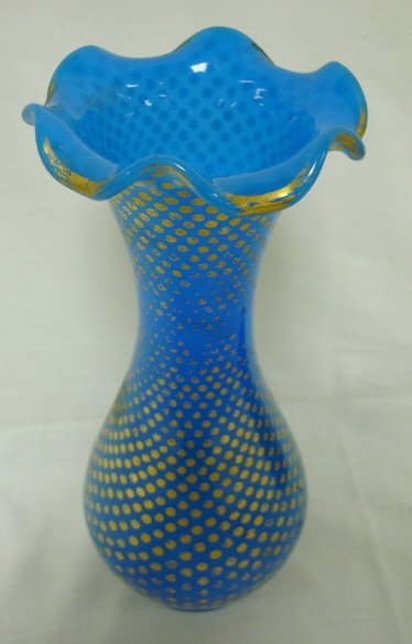 BLUE OPAQUE BLOWN GLASS VASE W/GOLD DECORATION; P - 2
