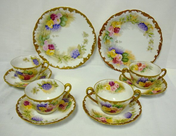 HAND PAINTED T & V LIMOGES LOT; 2 PLATES, 2 CUP &