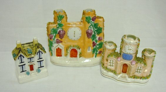 STAFFORDSHIRE LOT; 2 CASTLE VASES & A HOUSE BAND;