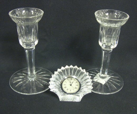 WATERFORD CRYSTAL LOT; SHELL FORM DRESSER CLOCK (