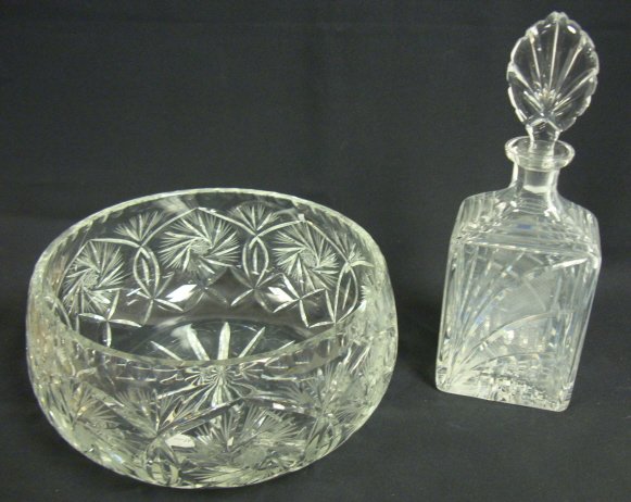 CUT CRYSTAL LOT; DECANTER (12 IN H) & LARGE BOWL 