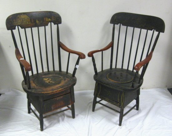 PR OF PAINT DECORATED SPINDLE BACK POTTY CHAIRS; 