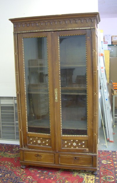 INLAID BOOKCASE W/2 GLASS DOORS & 2 DRAWERS; SOME