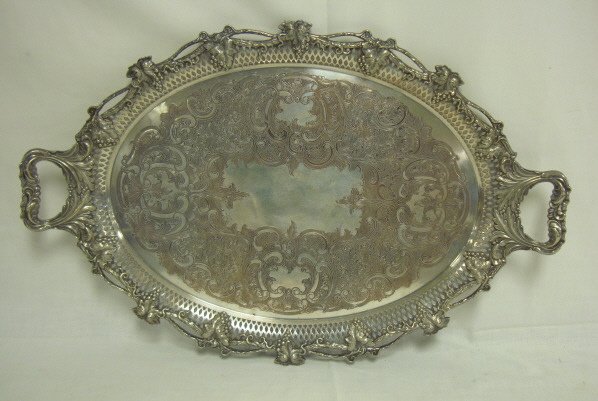HEAVY SILVER PLATED TRAY W/RETICULATED RIM & RELI