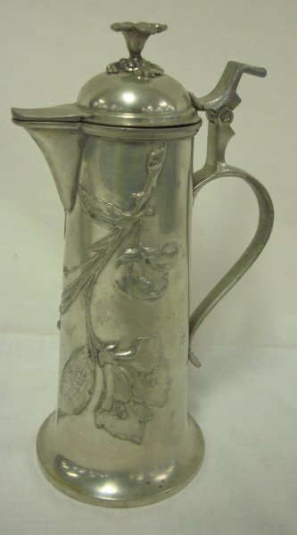 ART NOUVEAU PEWTER CHOCOLATE POT W/RELIEF FLORAL;