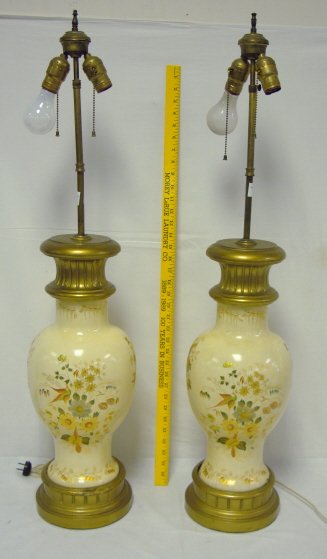 PR OF HAND PAINTED WOODEN TABLE LAMPS; EXOTIC BIR