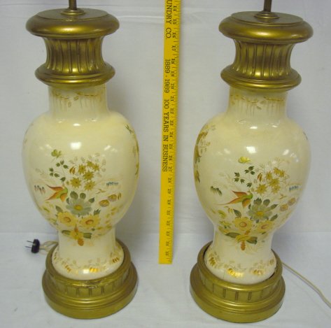 PR OF HAND PAINTED WOODEN TABLE LAMPS; EXOTIC BIR - 2