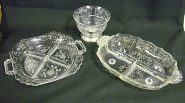 3 ELEGANT ETCHED DIVIDED BOWLS; ONE HAS A STERLIN