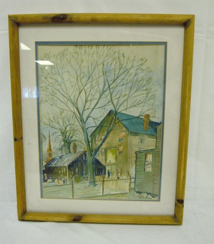WATERCOLOR OF A SMALL TOWN STREET BY FRANK HOCTOR