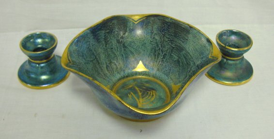 1931 GUSTAVSBERG 3 PC CONSOLE SET; IRIDESCENT W/G
