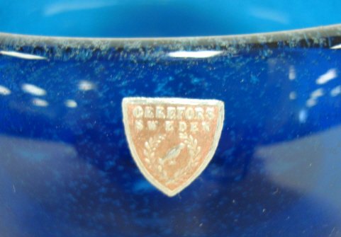 BLUE ORREFORS ART GLASS BOWL; FRIT DECORATION; HA - 2