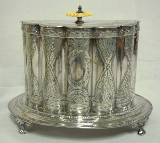 SILVER PLATED BISCUIT JAR; FLUTED W/INCISED DECOR