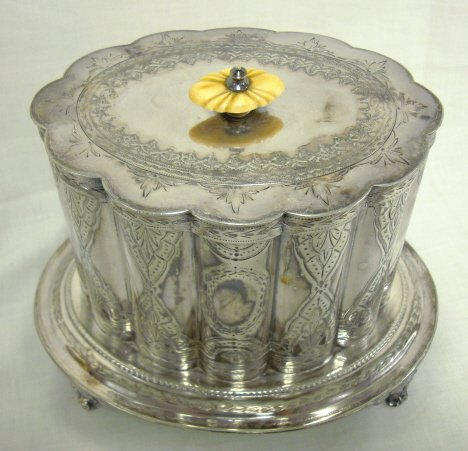SILVER PLATED BISCUIT JAR; FLUTED W/INCISED DECOR - 2
