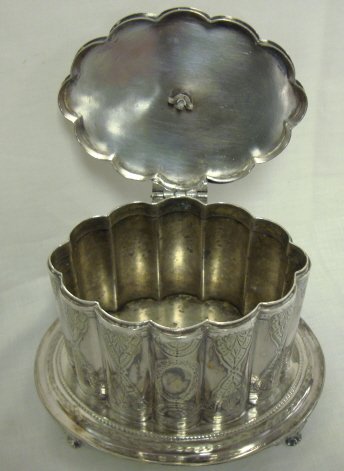 SILVER PLATED BISCUIT JAR; FLUTED W/INCISED DECOR - 3