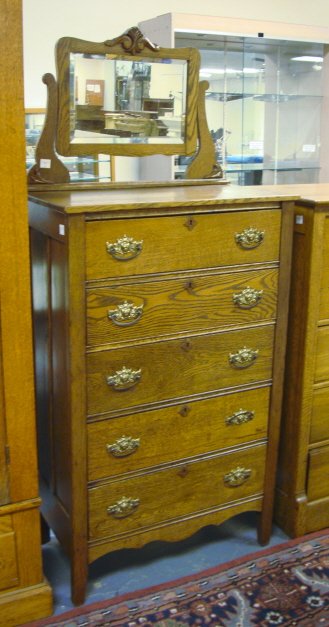 5 DRW OAK CHEST W/MIRROR; 68 IN H, 29 7/8 IN W, 1