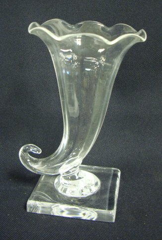 STEUBEN CRYSTAL CORNUCOPIA VASE, 6 3/8 IN H, SIGN