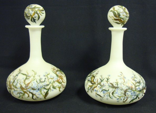 PR OF HAND PAINTED STAIN FINISH BLOWN MILK GLASS