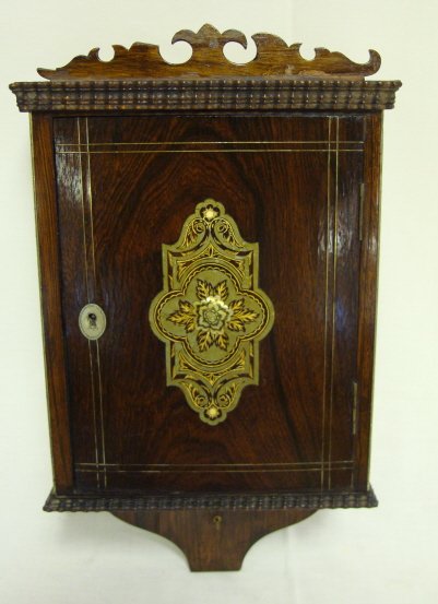 INLAID ROSEWOOD HANGING KEY BOX; HAS BRASS, SILVE