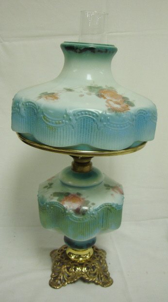 DECORATED VICTORIAN PARLOR LAMP W/MATCHED SHADE &