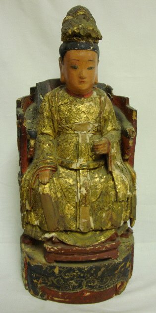 PAINT DECORATED ORIENTAL WOOD CARVING, MAN ON A T