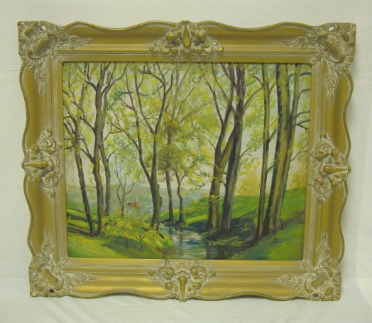 OIL ON BOARD LANDSCAPE W/VILLAGE IN THE DISTANCE