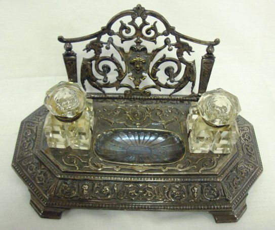 VICTORIAN DOUBLE INKWELL W/CUT BOTTLES; HAS GRYPH - 2