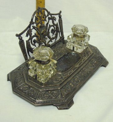 VICTORIAN DOUBLE INKWELL W/CUT BOTTLES; HAS GRYPH - 3