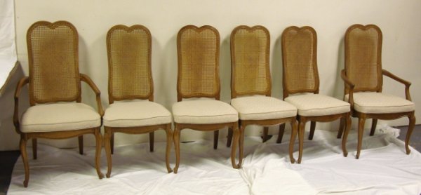 7 PC FRENCH STYLE DINING SET; BURL BANDED TABLE (
