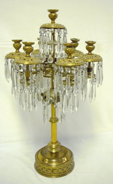BRASS 7 LIGHT CANDELABRUM W/PRISMS; BASE IS WEIGH