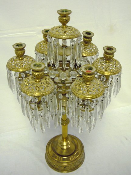 BRASS 7 LIGHT CANDELABRUM W/PRISMS; BASE IS WEIGH - 2