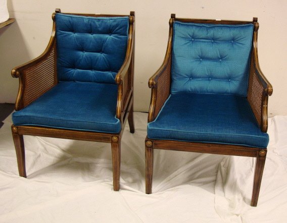 PR OF CANED ARM CHAIRS W/BLUE CUSHIONS; GOLD PAIN