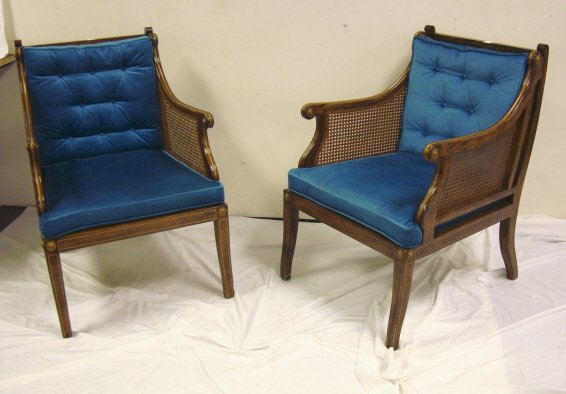 PR OF CANED ARM CHAIRS W/BLUE CUSHIONS; GOLD PAIN - 2