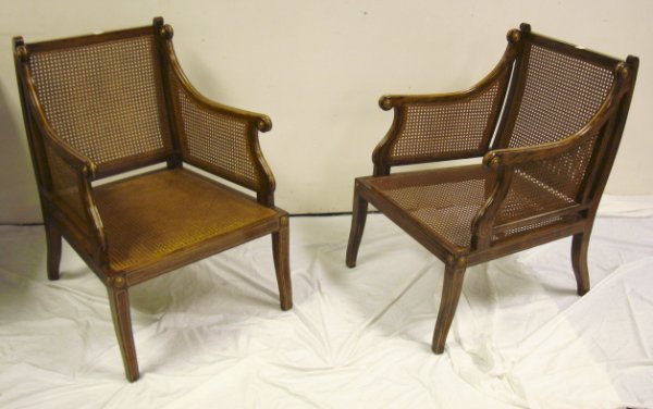 PR OF CANED ARM CHAIRS W/BLUE CUSHIONS; GOLD PAIN - 3