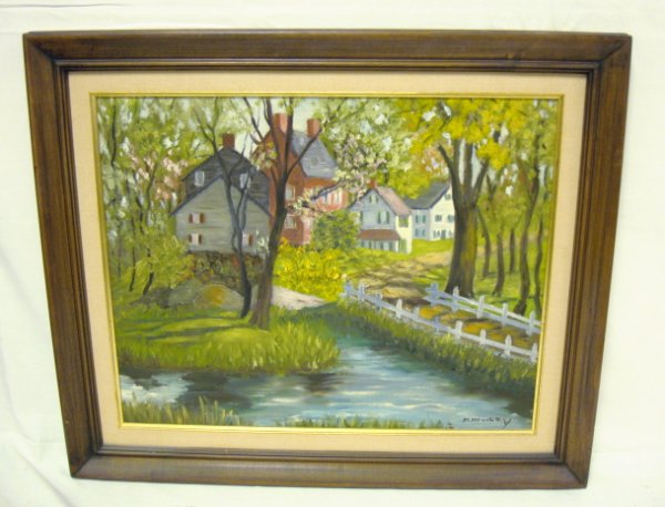 OIL ON BOARD, COUNTRY VILLAGE SIGNED M. MOWERY; F