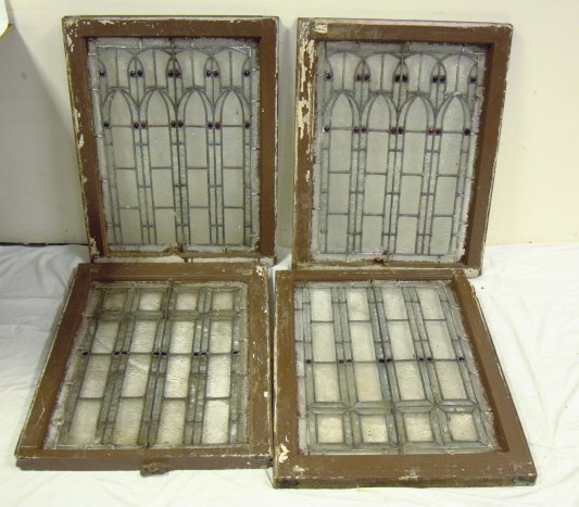 PR OF DOUBLE HANGING LEADED GLASS WINDOWS W/RED B