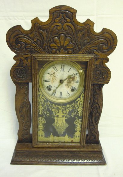 SESSIONS OAK GINGERBREAD CLOCK; GOLD DECORATED DO