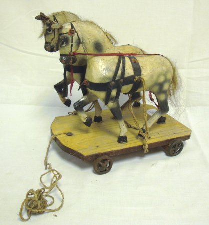 CARVED WOODEN 2 HORSE PULL TOY; 9 IN L, 6 1/4 IN - 2