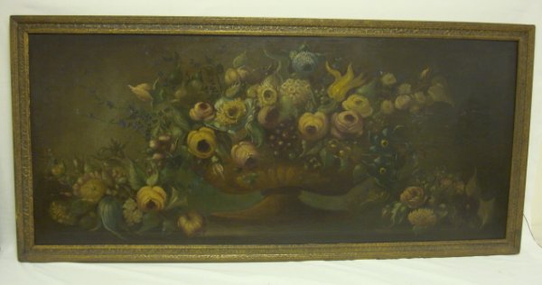 LARGE OIL ON CANVAS FLORAL STILL LIFE; HAS 2 REPA