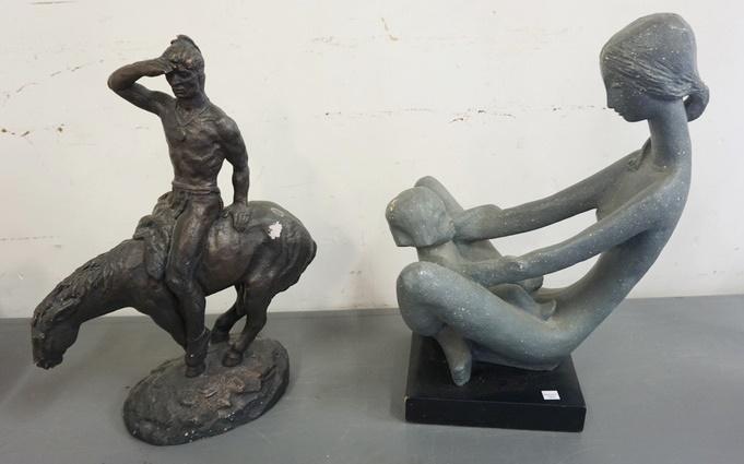 2 SCULPTURES: 2 SCULPTURES, NATIVE AMERICAN ON HORSEBACK AND MOTHER & DAUGHTER, TALLEST IS 20 1/2 IN HIGH