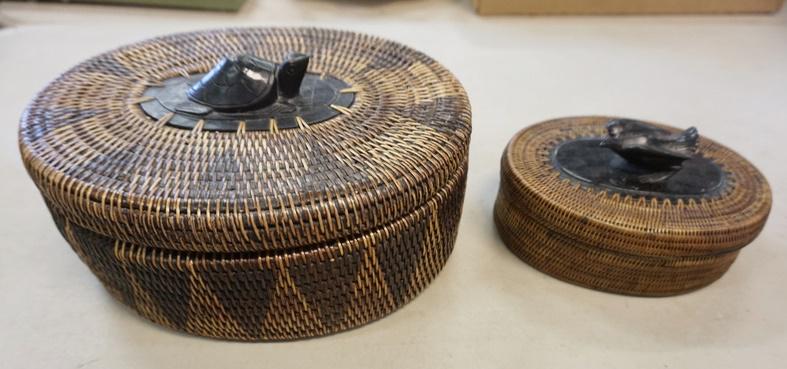 2 ASIAN BASKETS W/CARVED WOODEN FINIALS (1 of 4)