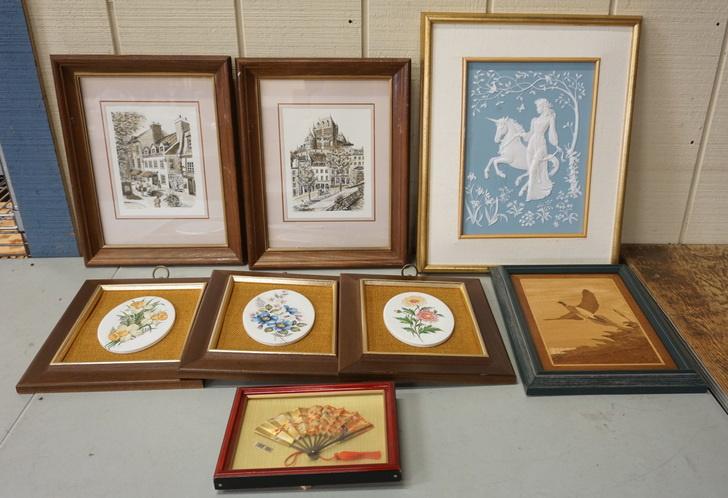 8 PC FRAMED ARTWORK: 8 PC FRAMED ARTWORK INCLUDING LADY & UNICORN BY GEORGE MONIGLE & AN INLAID WOOD PLAQUE