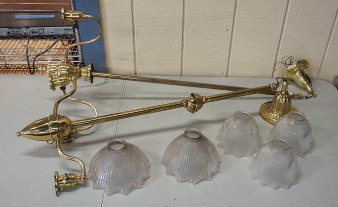 2 BRASS HANGING FIXTURES W/RIBBED GLASS SHADES (1 of 2)